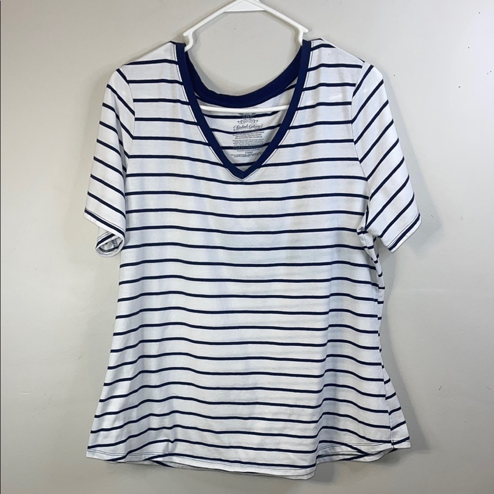 Faded Glory White and Navy Striped V Neck Tee 2X Plus #170